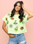 Women's Candy Apple Cobwebs Sequin Design Exposed Seam Green Crop