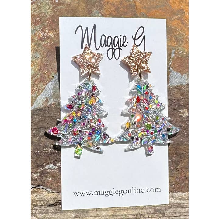 Maggie G Christmas Tree Silver Tinsel Resin Earrings - Little Miss Muffin Children & Home