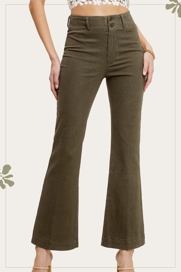 La Miel La Miel Soft Washed Stretchy High Waisted Wide Flare Two Button Pants in Fade Olive - Little Miss Muffin Children & Home