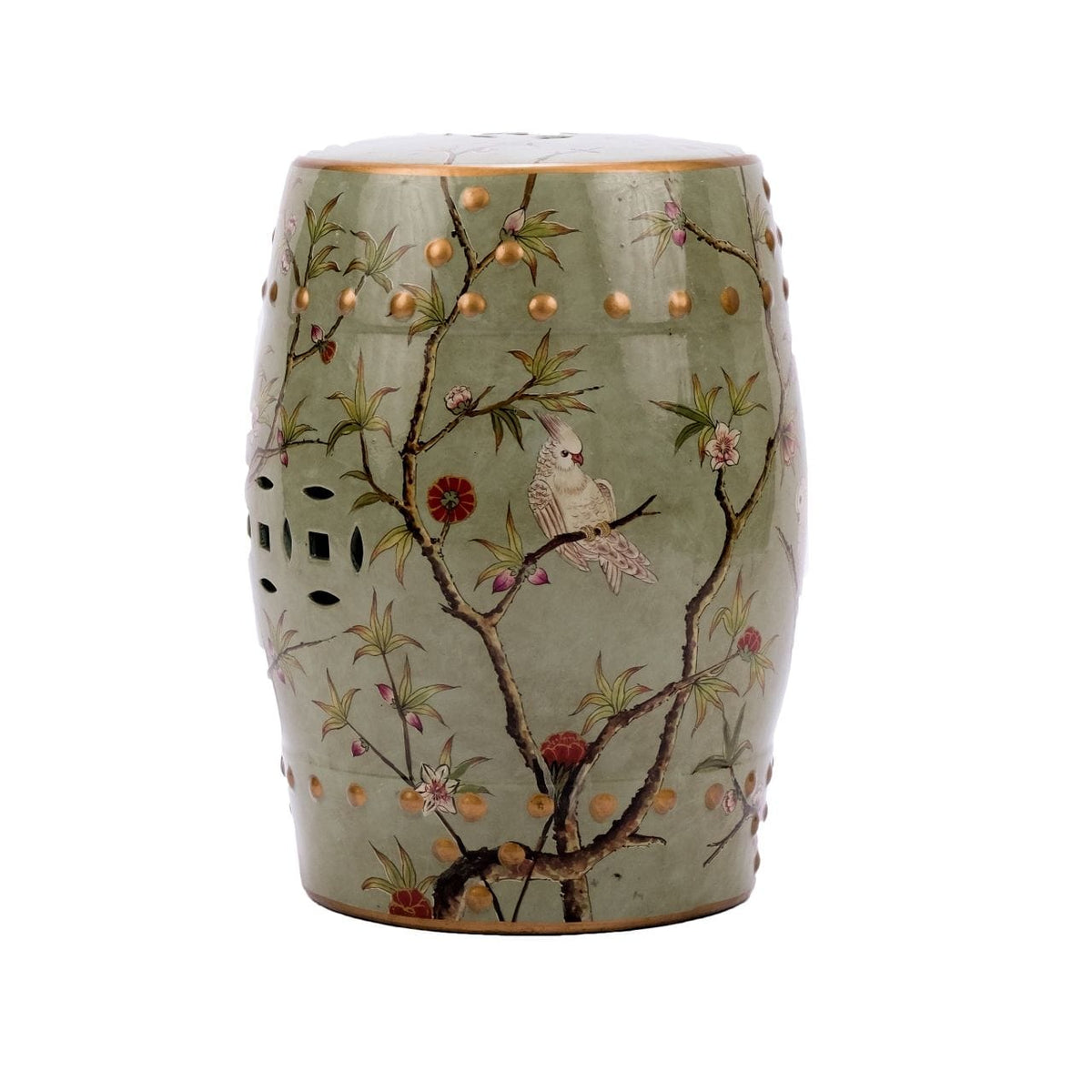 Green Gilt Garden Stool — Parrot Floral Motif
