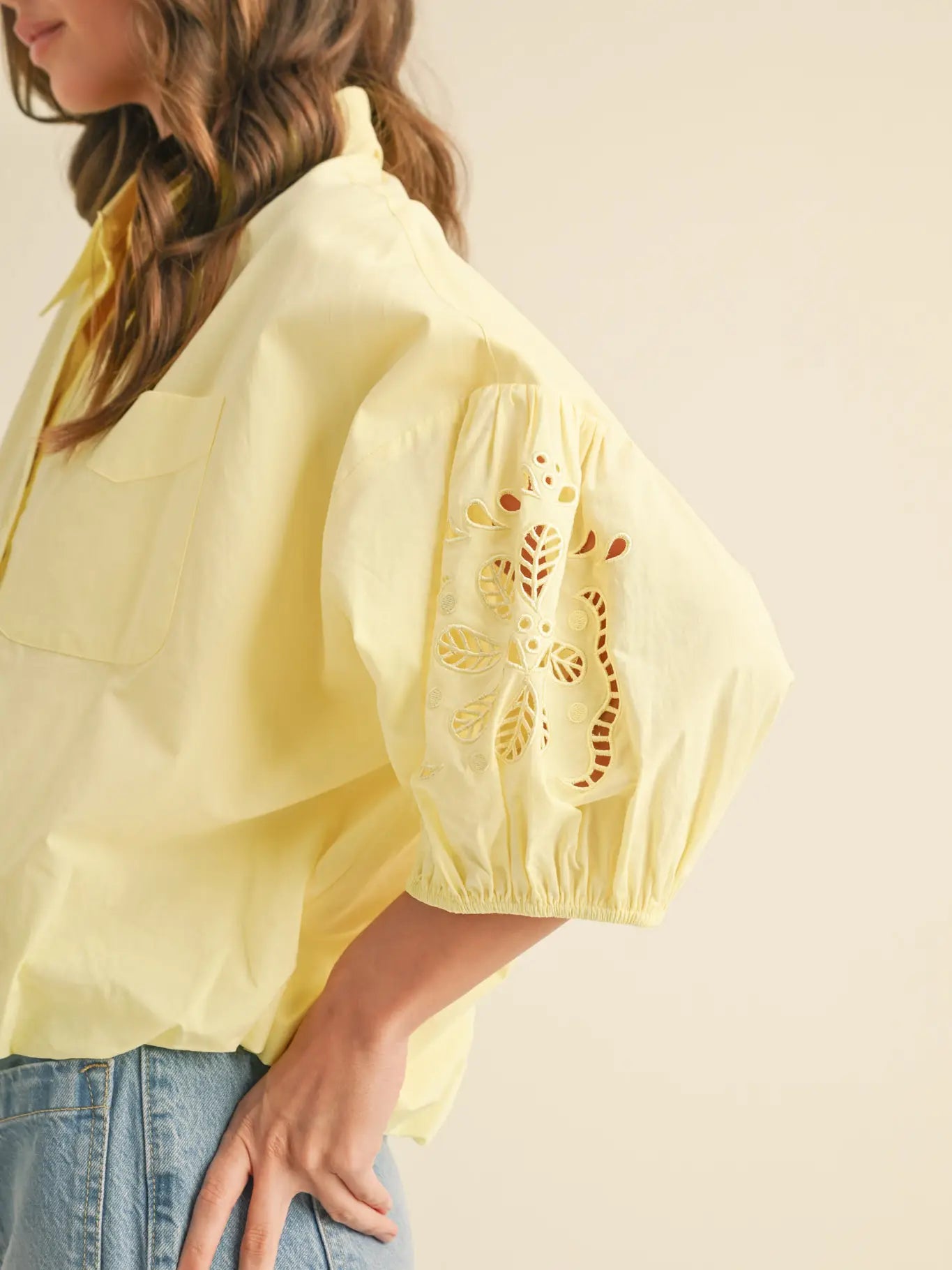 Eyelet Embroidered Puffy Sleeve Button Down Top in Lemon