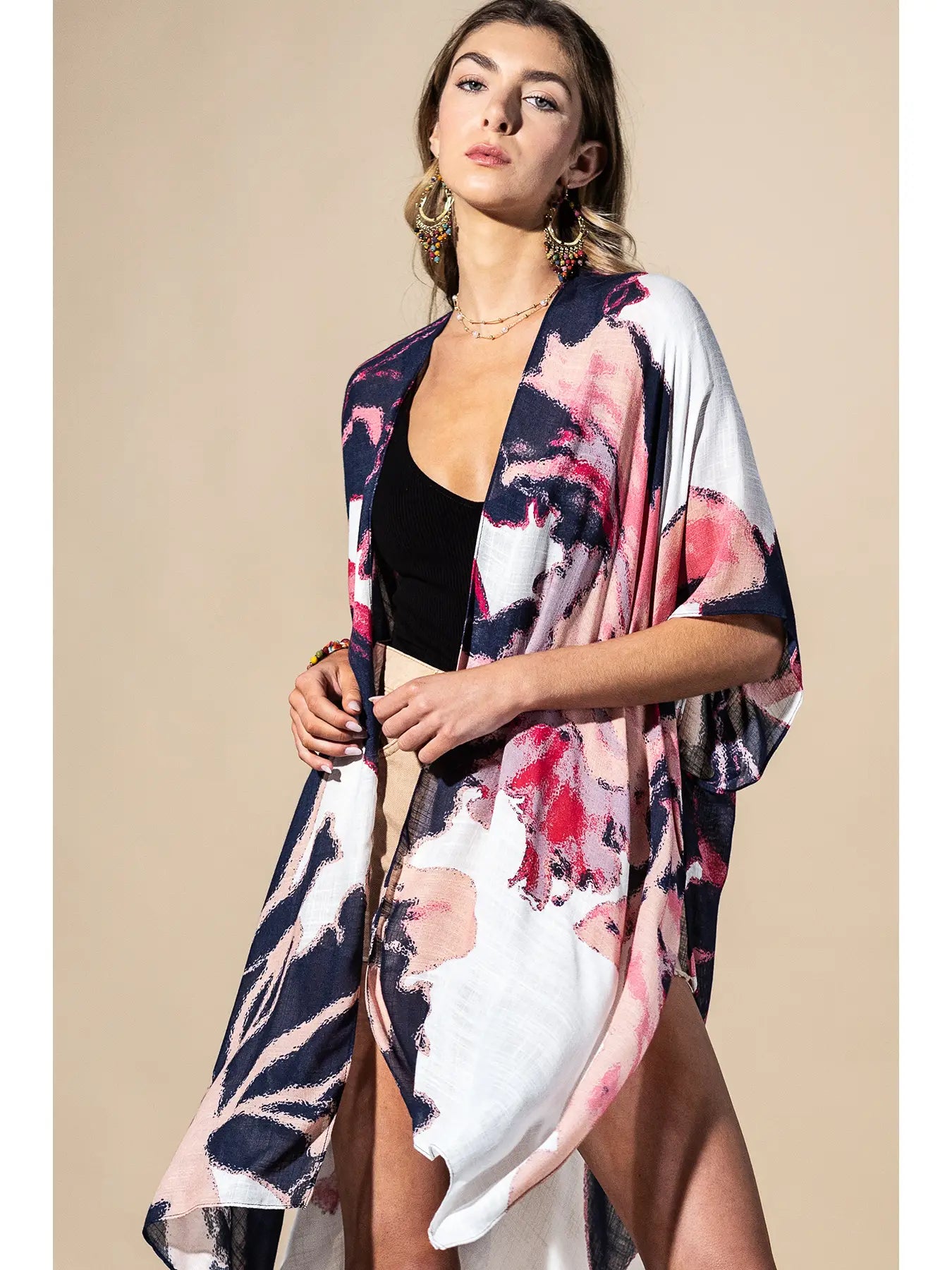 Coral Multi Painted Bloom Viscose Kimono