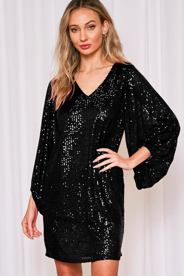 Vine & Love Vine & Love V-Neck Balloon Sleeve Sequin Mini Dress - Little Miss Muffin Children & Home