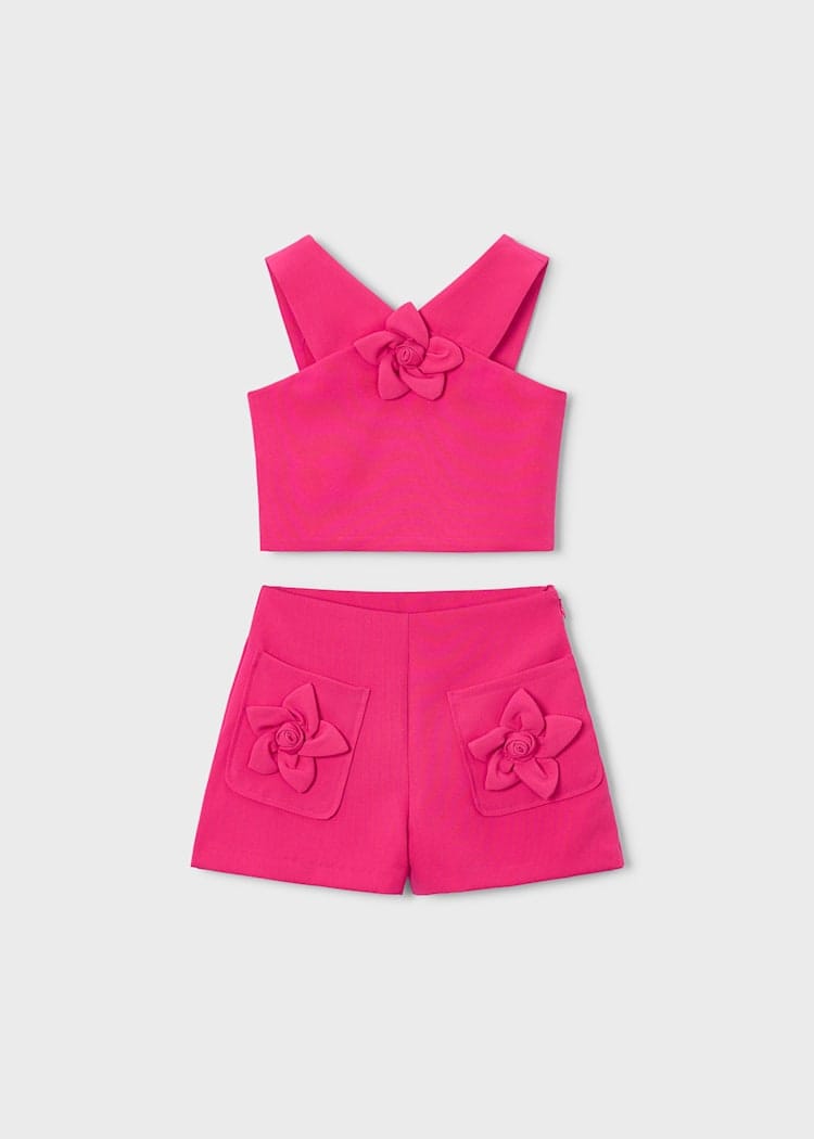 Flower Applique Halter Top & Shorts Set in Carnation