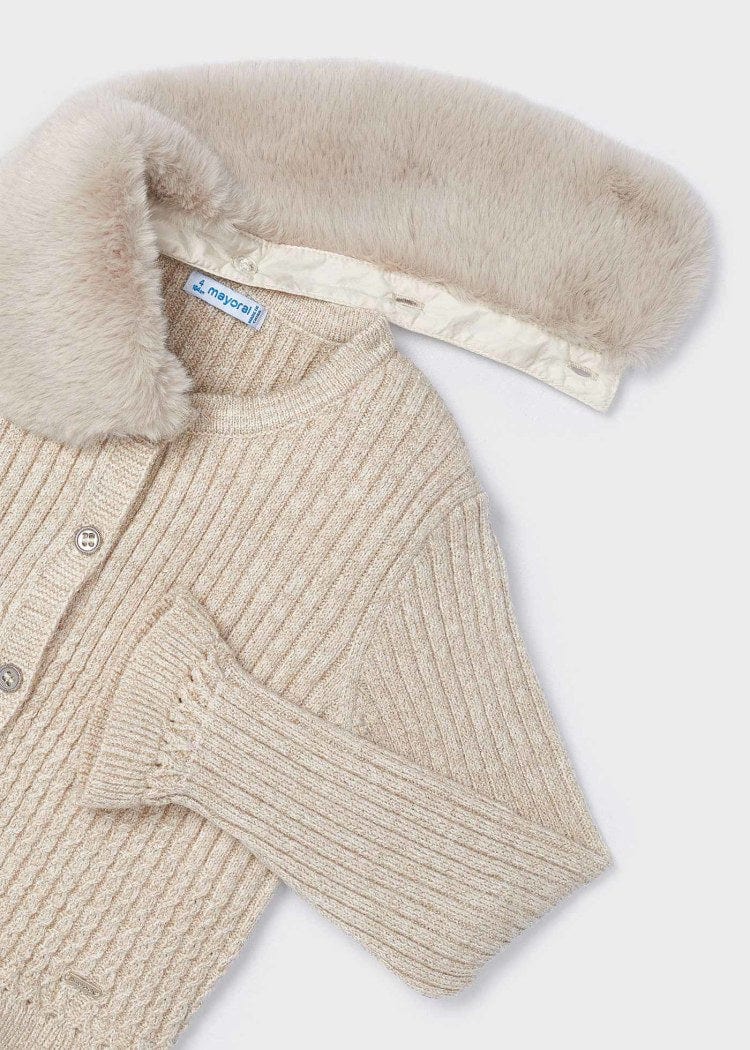 Mayoral Usa Inc Mayoral Knit Cardigan with Faux Fur Collar in Beige Marzipan - Little Miss Muffin Children & Home