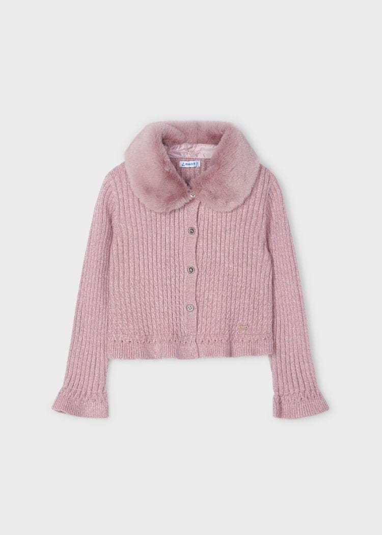 Mayoral Usa Inc Mayoral Knit Cardigan with Faux Fur Collar in Heather Rose - Little Miss Muffin Children & Home