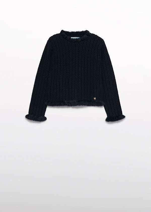 Abel & Lula Mock Neck Cable Knit Sweater with Faux Fur Trim - Little Miss Muffin Children & Home