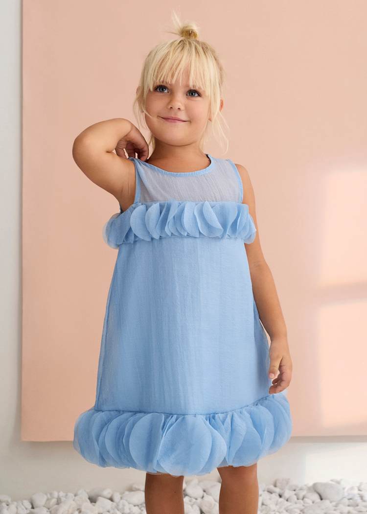 Sleeveless Organza Dress with Flutter Appliques