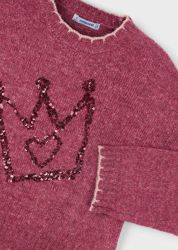 Mayoral Usa Inc Knit Sweater with Embroidered Sequin Crown Design in Cherry - Little Miss Muffin Children & Home