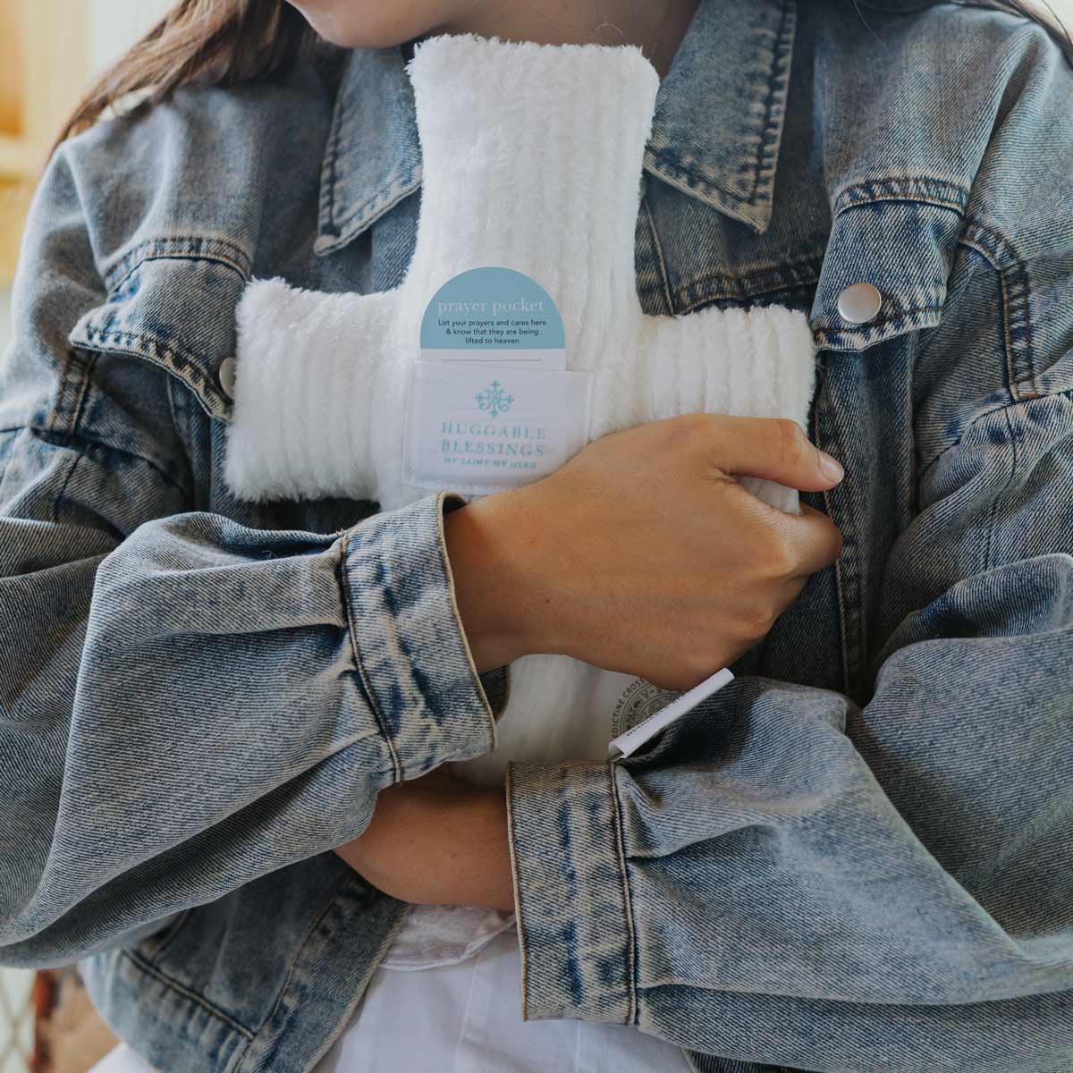 My Saint My Hero Huggable Prayer Pillow, White Cross - Little Miss Muffin Children & Home