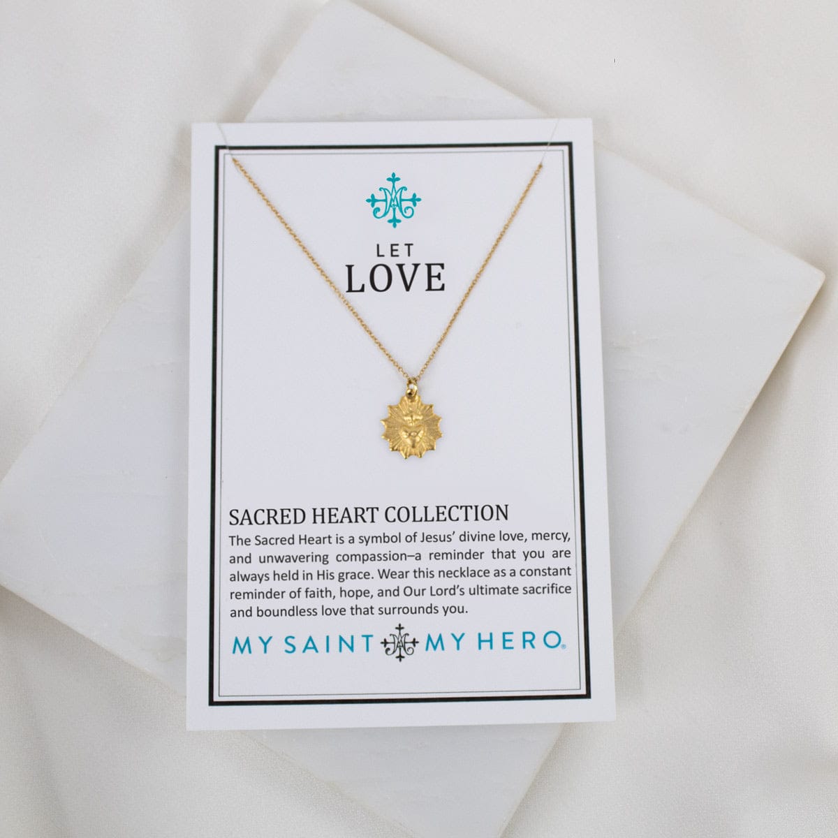 My Saint My Hero Sacred Heart (Sunburst) Necklace 18"+3" Gold Plated - Little Miss Muffin Children & Home