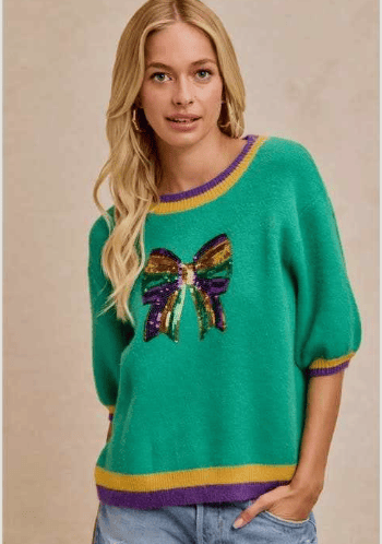 Ive Mardi Gras Sequin Bow Short Sleeve Sweater - Little Miss Muffin Children & Home