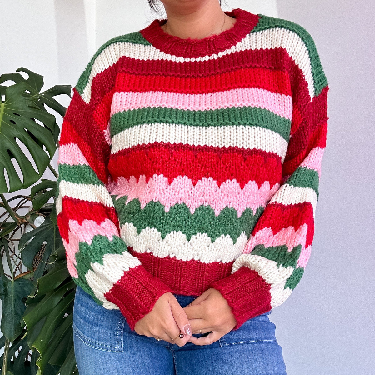 red chunky knit sweater