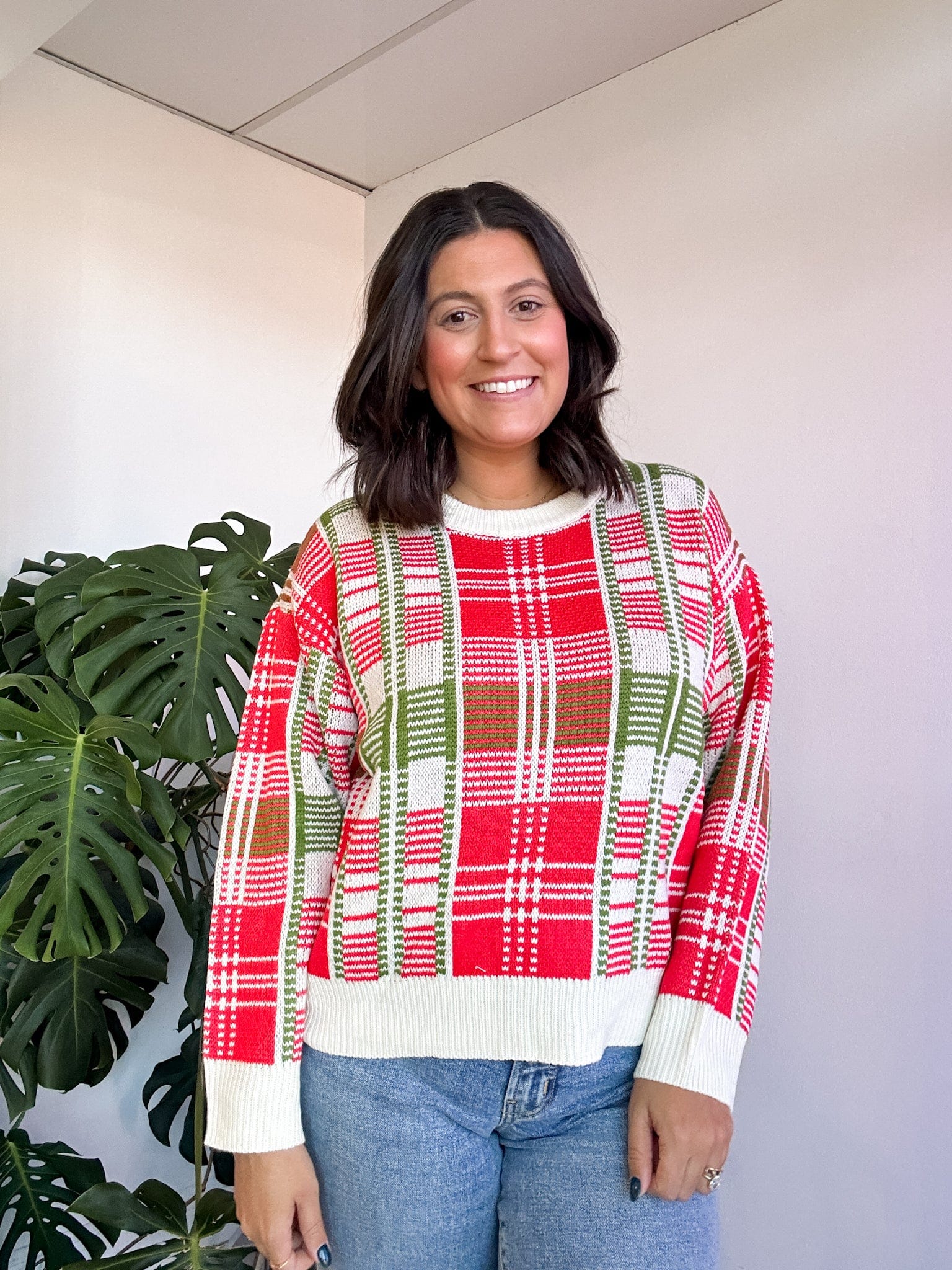 red plaid sweater