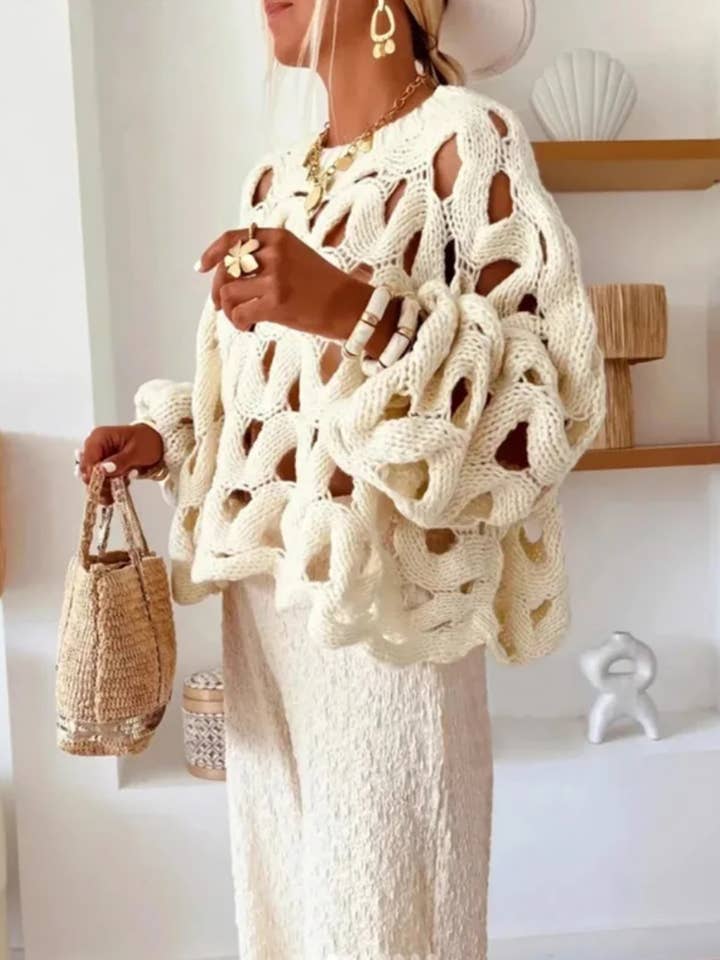 white chunky overlay knit sweater