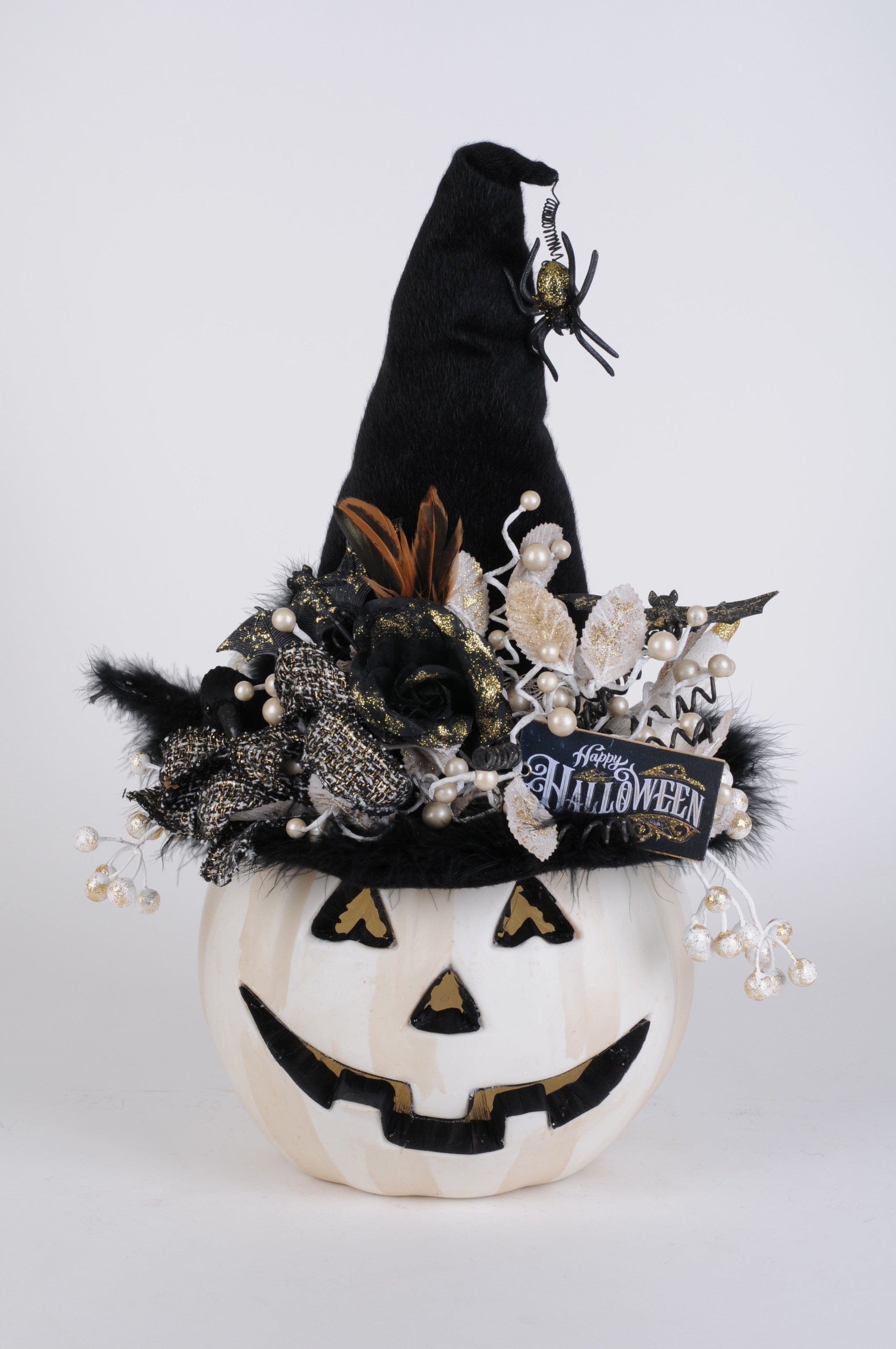white fiber optic pumpkin with black hat
