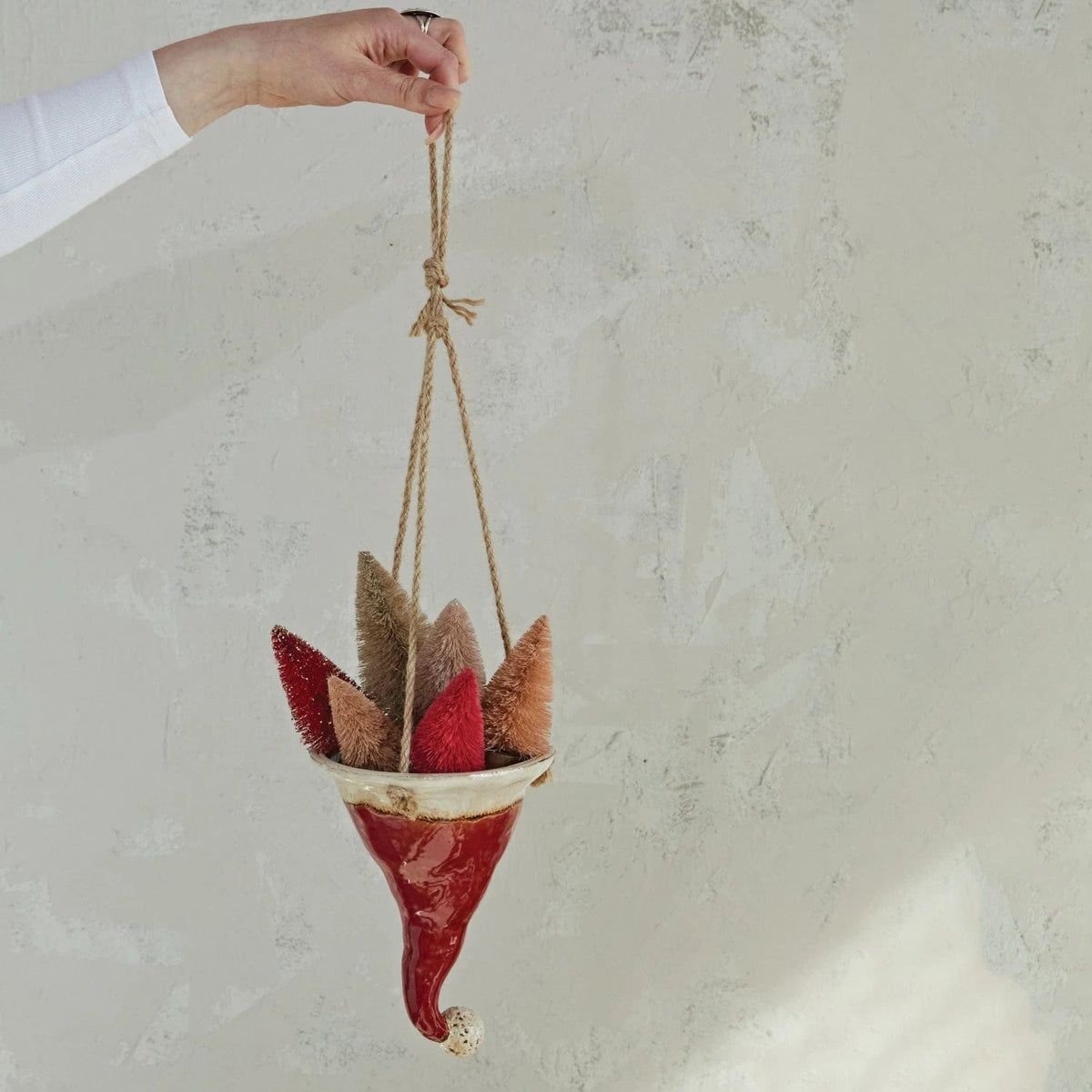 Creative Co-op Creative Co-op 7.5"H Hand-Painted Stoneware Hanging Santa Hat Planter with Jute Rope - Little Miss Muffin Children & Home
