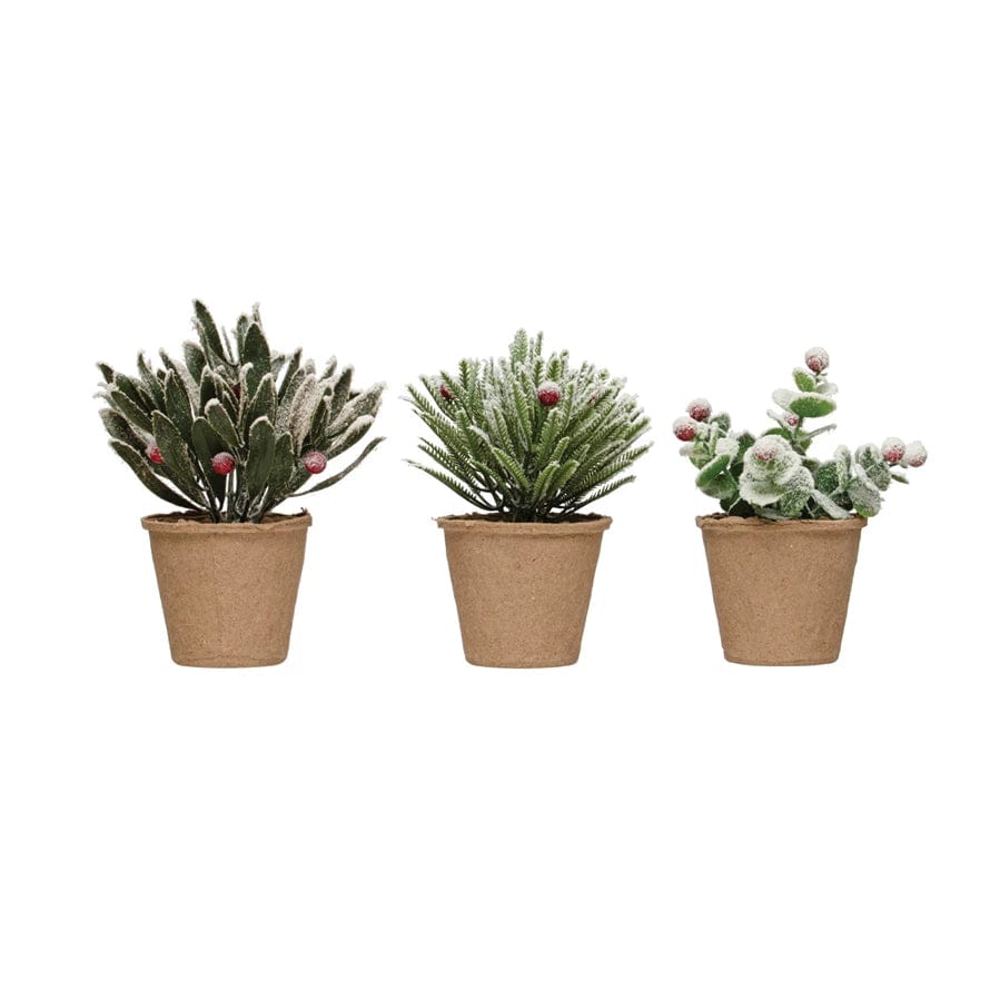 Creative Co-op Creative Co-op Faux Greens with Red Berries in Paper Mache Pot, Snow Finish, 3 Styles - Little Miss Muffin Children & Home