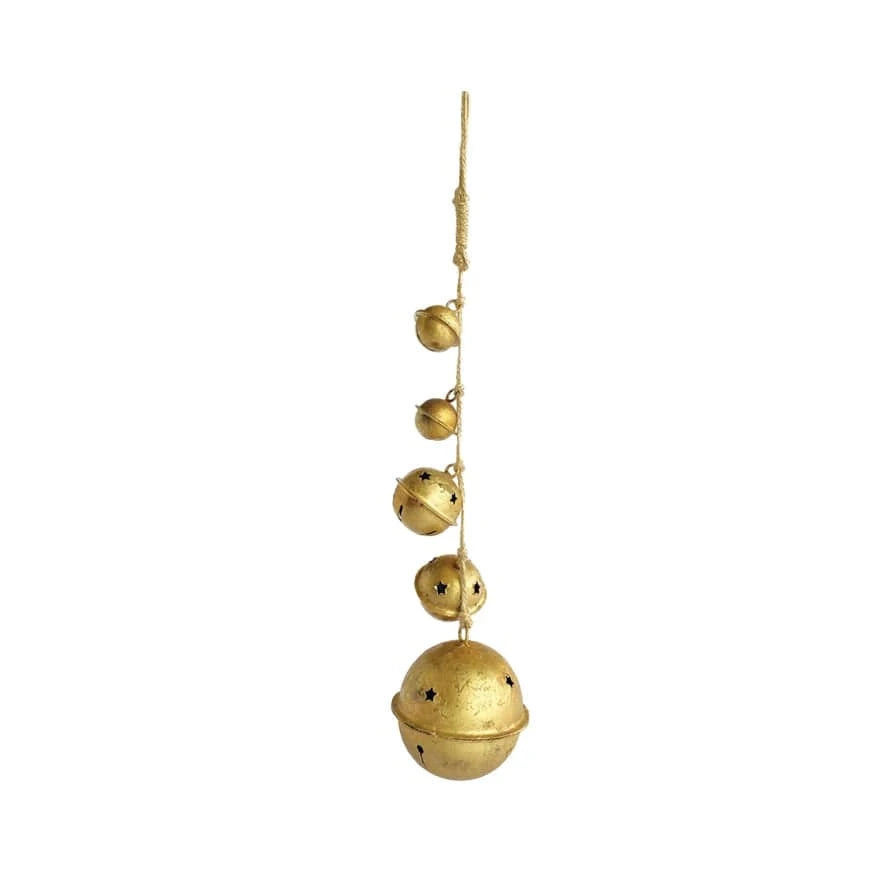 Creative Co-op Hanging Metal Bells with Star Cut-Outs on Braided Jute Rope, Antique Gold Finish - Little Miss Muffin Children & Home