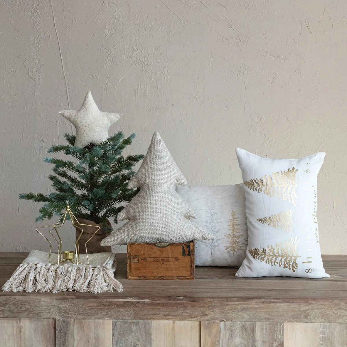Creative Co-op Woven Cotton Slub Tree Shaped Pillow with Metallic Gold Thread, Natural 18"x18" - Little Miss Muffin Children & Home
