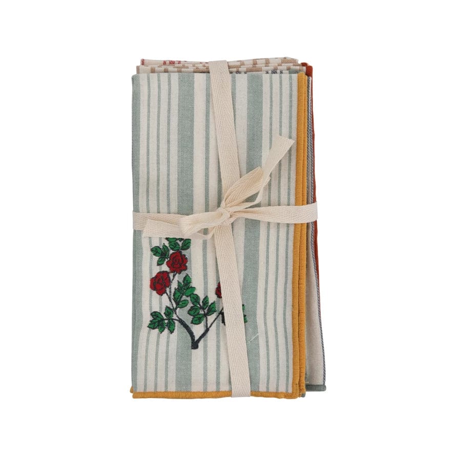 Creative Co-op Creative Co-op Square Cotton Napkins Striped with Embroidery, Set of 4 - Little Miss Muffin Children & Home